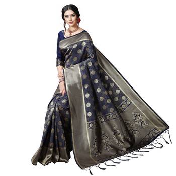 Blue printed silk blend saree with blouse 5
