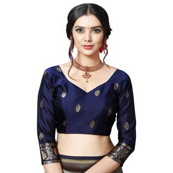Blue printed silk blend saree with blouse 6