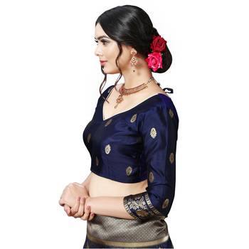 Blue printed silk blend saree with blouse 7