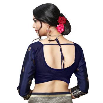 Blue printed silk blend saree with blouse 8