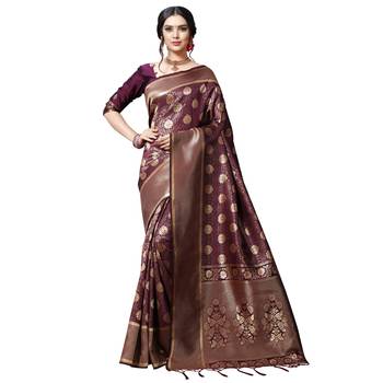 Purple printed silk blend saree with blouse 1