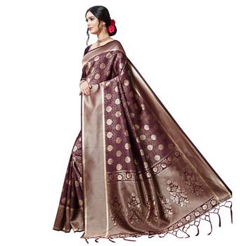 Purple printed silk blend saree with blouse 2