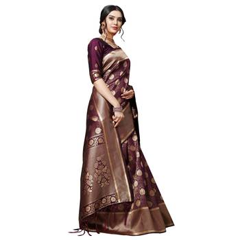 Purple printed silk blend saree with blouse 4