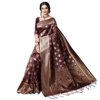 Purple printed silk blend saree with blouse 5