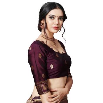 Purple printed silk blend saree with blouse 7