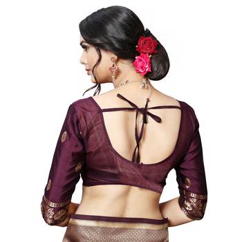 Purple printed silk blend saree with blouse 8