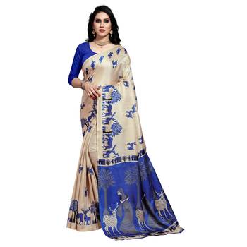 Blue printed cotton saree with blouse 1