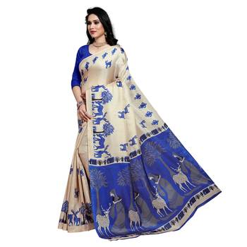 Blue printed cotton saree with blouse 2