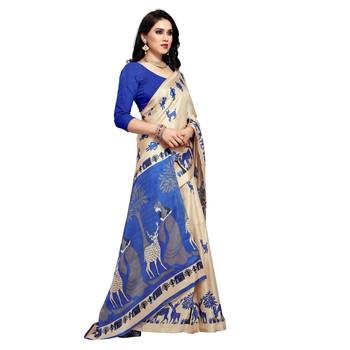 Blue printed cotton saree with blouse 4