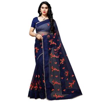 Blue printed net saree with blouse 1