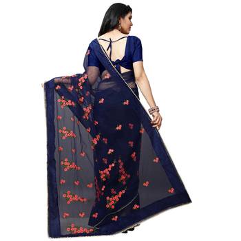 Blue printed net saree with blouse 3