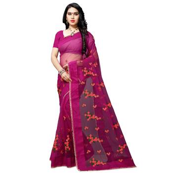 pink printed net saree with blouse 1