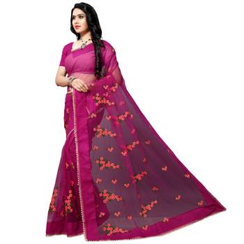 pink printed net saree with blouse 2