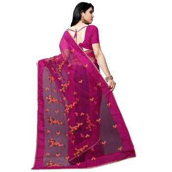 pink printed net saree with blouse 3