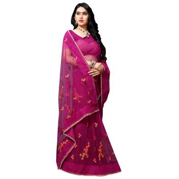pink printed net saree with blouse 4