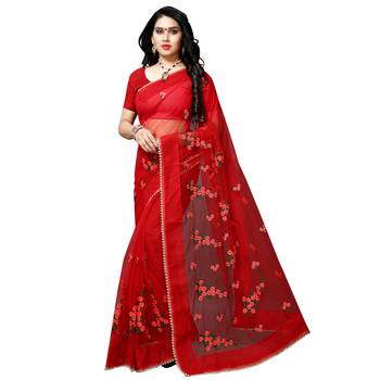 Red printed net saree with blouse 1