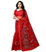 Red printed net saree with blouse