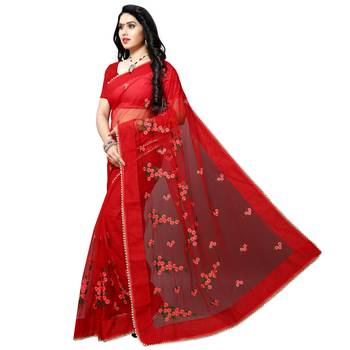 Red printed net saree with blouse 2