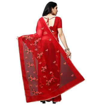 Red printed net saree with blouse 3