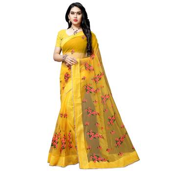 Yellow printed net saree with blouse 1