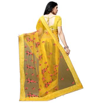 Yellow printed net saree with blouse 3