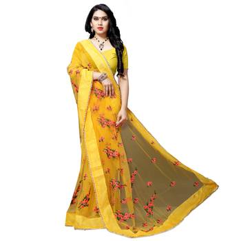 Yellow printed net saree with blouse 4