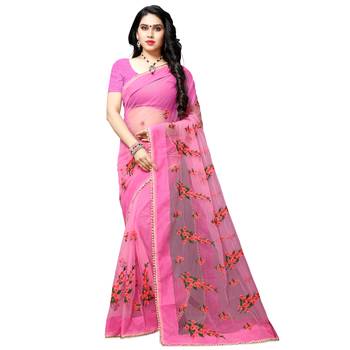 pink printed net saree with blouse 1