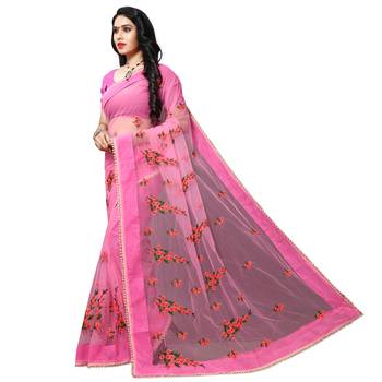 pink printed net saree with blouse 2