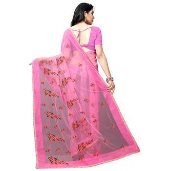 pink printed net saree with blouse 3