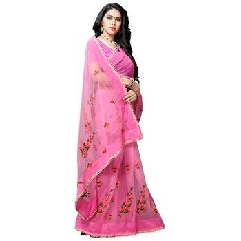 pink printed net saree with blouse 4