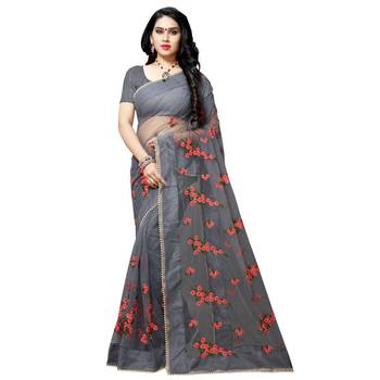 Grey printed net saree with blouse 1