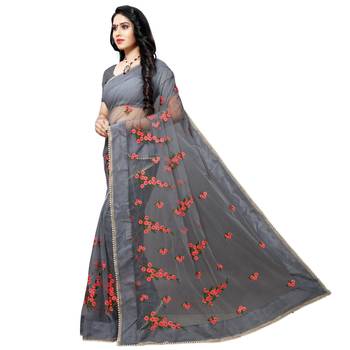 Grey printed net saree with blouse 2
