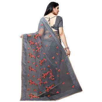 Grey printed net saree with blouse 3
