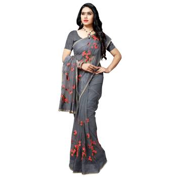 Grey printed net saree with blouse 4