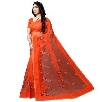 Orange printed net saree with blouse 2