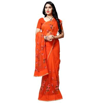 Orange printed net saree with blouse 4