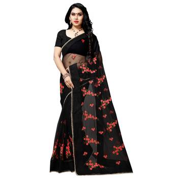 Black printed net saree with blouse 1