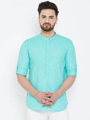 Turquoise plain pure linen men-kurtas 1