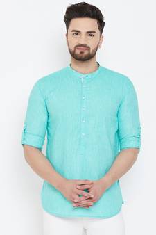 Turquoise plain pure linen men-kurtas