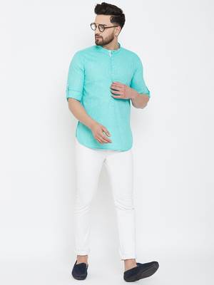 Turquoise plain pure linen men-kurtas 2