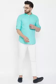 Turquoise plain pure linen men-kurtas