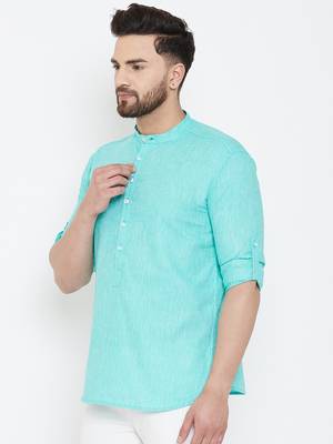 Turquoise plain pure linen men-kurtas 4