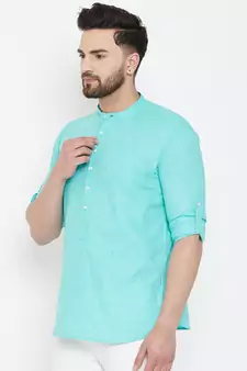 Turquoise plain pure linen men-kurtas