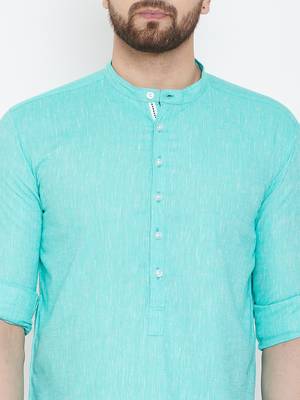 Turquoise plain pure linen men-kurtas 5