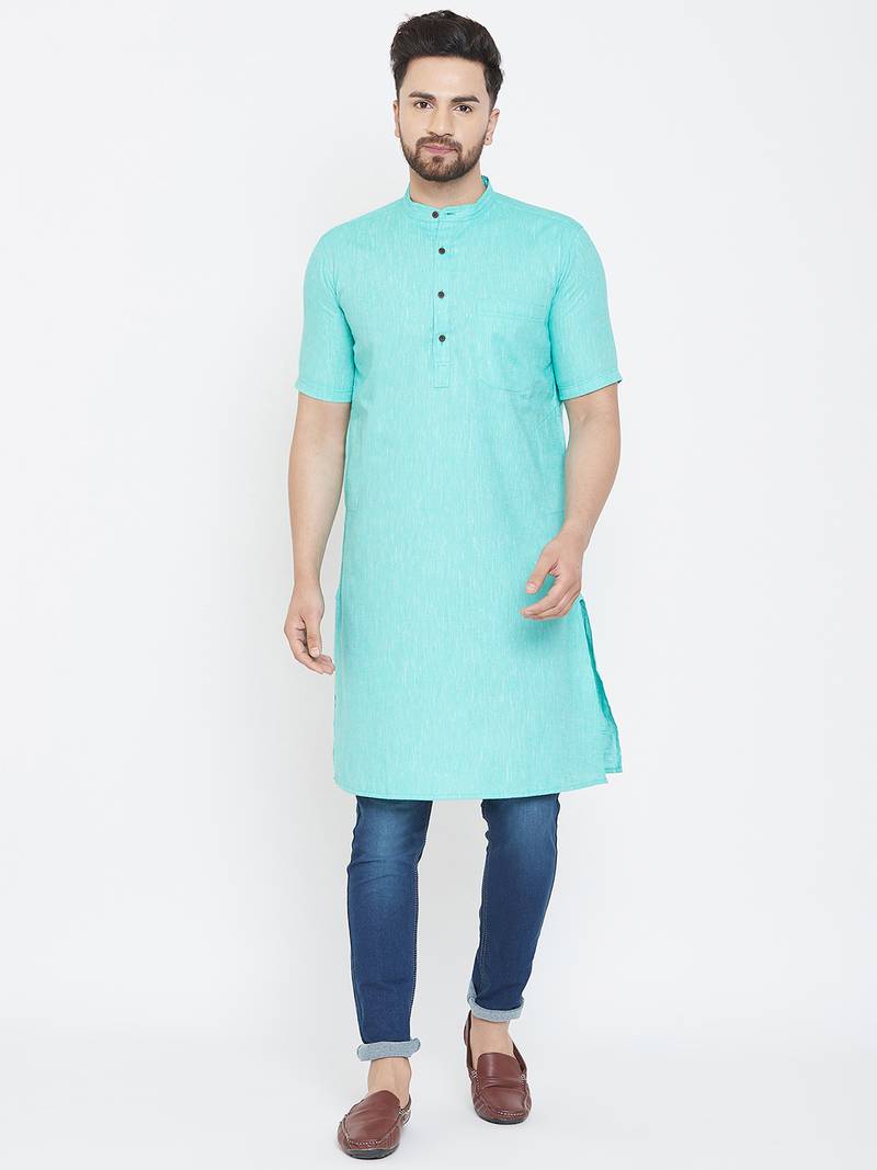 Turquoise plain pure linen menkurtas even 3233100