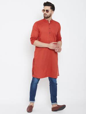 Orange plain pure cotton men-kurtas 2