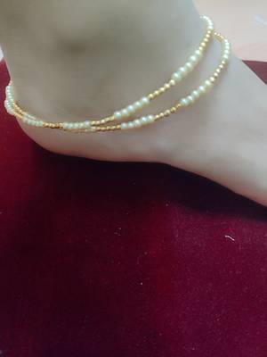 Set Of 2 Gold & Cream Beaded Anklets For Women 1