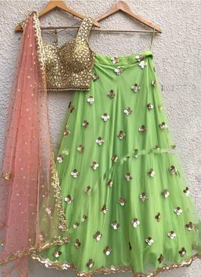 Green Plain Net Unstitched Lehenga 1