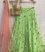 Green Plain Net Unstitched Lehenga