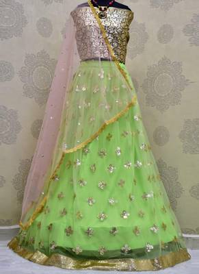 Green Plain Net Unstitched Lehenga 2